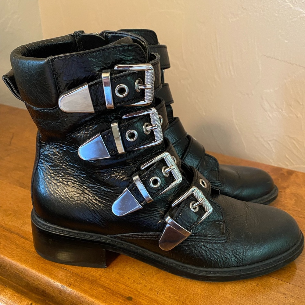 Marc Fisher Womens MLDiante Black Leather Buckle Boots Sz 6M Side Zip